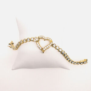 Gold Tone Heart Bracelet Cubic Zirconia 6.5" Marked ATI 925 Thai